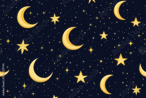 Vibrant Night Sky with Golden Moons and Shining Stars Pattern