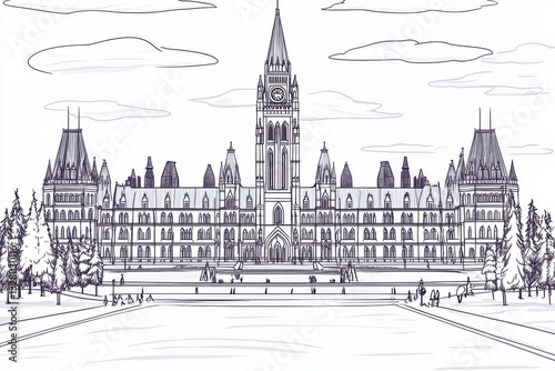 Black and White Line Art of Historic Parliament Building in Canada
