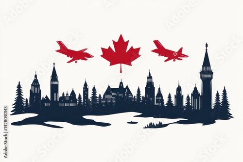 Silhouette of Canadian Cityscape with Fighter Jets and Maple Leaf