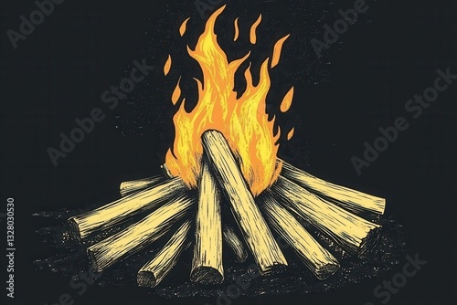 Vibrant Hand-Drawn Campfire with Flames and Wood Logs Graphic