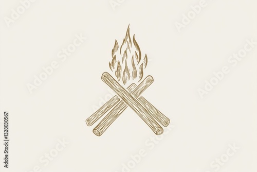 Hand-Drawn Campfire Illustration with Logs and Flames on Beige Background