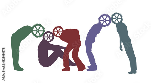 Team work brainstorming. Gear heads have their brains  working together as these five people work to solve a problem in this illustration with gear head people.