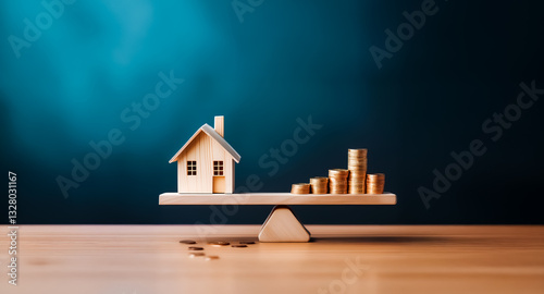 Toy house and coins on a seesaw, balancing home value and financial investment on a wooden table against blue background.