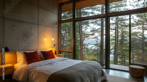 Modern Bedroom with Large Windows and Cozy Atmosphere