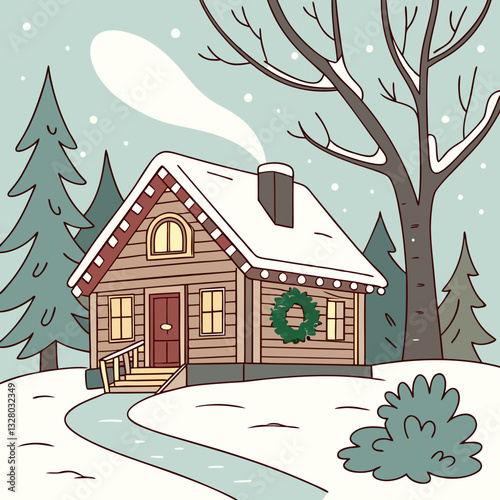 Snowy Christmas Cabin stock illustration