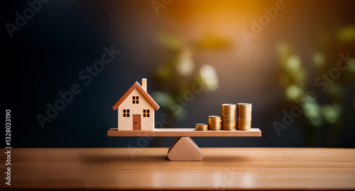 A miniature house and stacks of gold coins are balanced on a wooden seesaw, symbolizing the financial equilibrium between property and wealth.  Warm sunlight illuminates the scene.