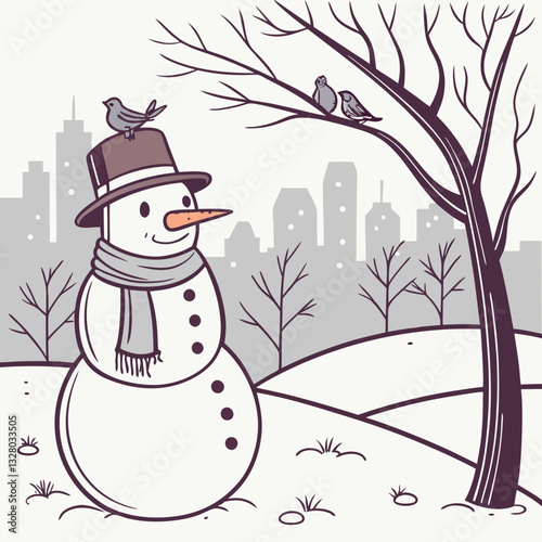 Snowman with birds and cityscape stock illustration