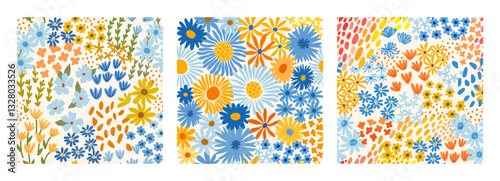 Set of seamless ditsy patterns with various wild meadow flowers. Сolourful cute floral summer backgrounds. Lovely design for wrapping, textile, cover, print, banner, greeting card, label, wallpaper.	
