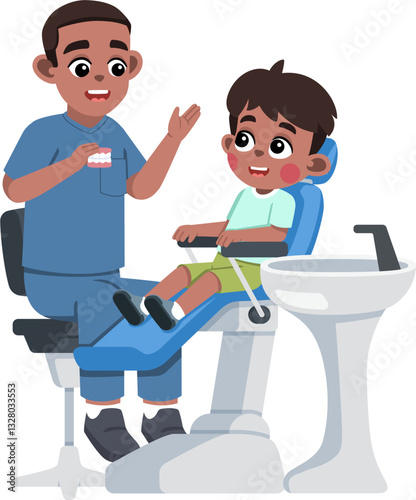 a Dentist Explaining about Teeth to a Kid on Dental Patient Chair