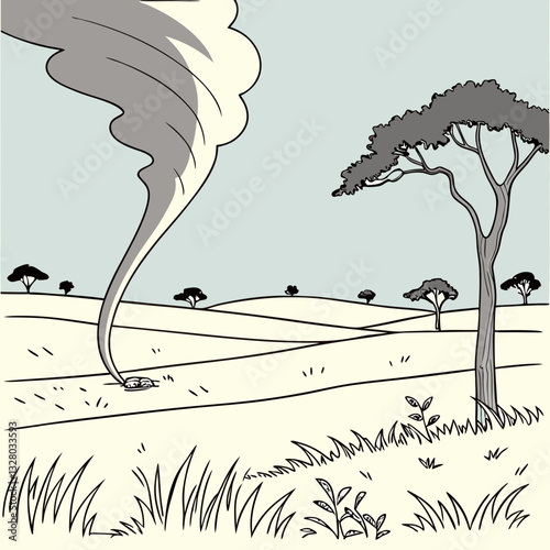 Flat landscape with a tornado. Vector illustration stock illustration