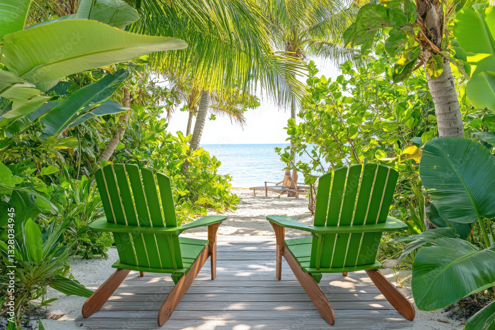 Fototapeta premium Two green chairs face a tranquil beach view, surrounded by lush tropical greenery and palm trees under a bright, sunny sky.