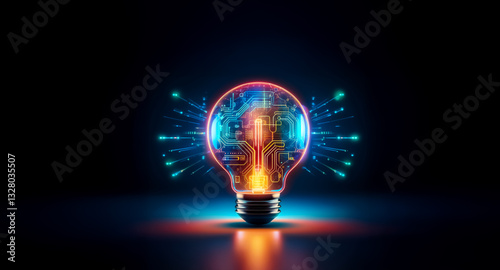 Glowing lightbulb with circuit board inside, radiating digital energy in a dark space. Represents innovation and technological advancement.