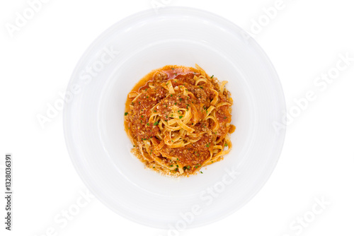 Traditional italian Tagliatelle pasta with Bolognese sauce in the blue plate with white background