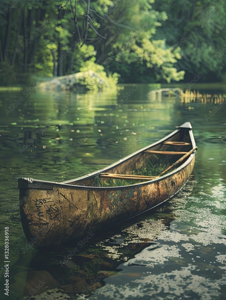 Solitary canoe adrift on a tranquil lake surrounded by lush greenery Solitary canoe adrift on a tranquil lake surrounded by lush greenery