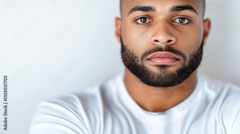 Fototapeta premium Close-up portrait of a serious man in a white shirt