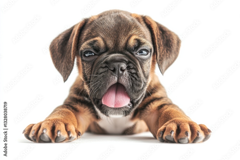Cute Brown Puppy Lying Down with Playful Expression on White Background Cute Brown Puppy Lying Down with Playful Expression on White Background