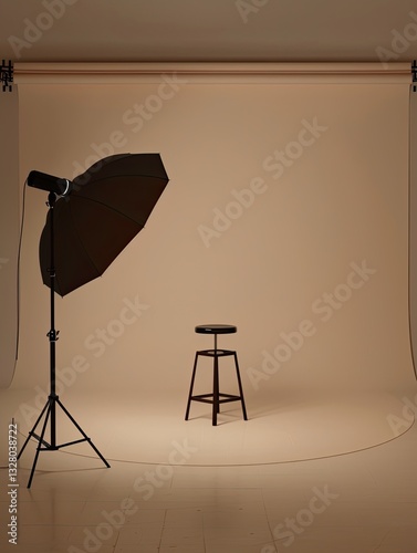Illuminated studio scene with equipment and minimalist stool arrangement