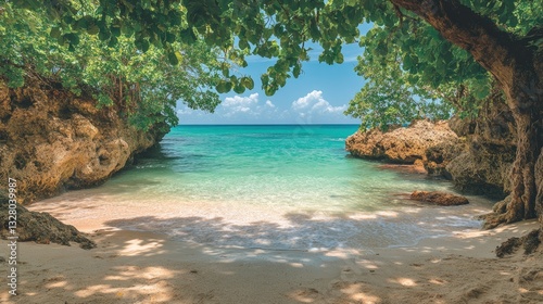 Tropical beach cove hidden beneath lush trees