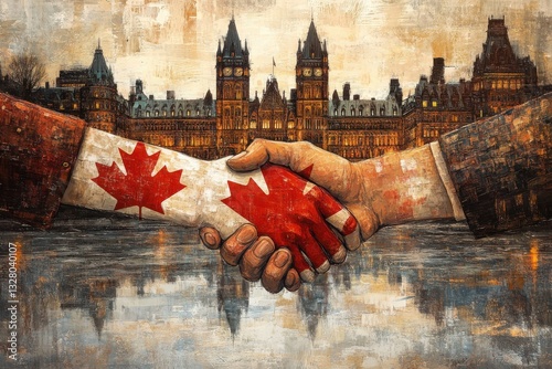 Hands Shaking with Canadian Flag Background and Parliament Building