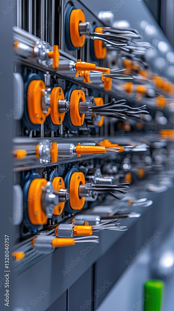 Fototapeta premium Industrial Machinery Close-up: Orange and Grey Precision Engineering