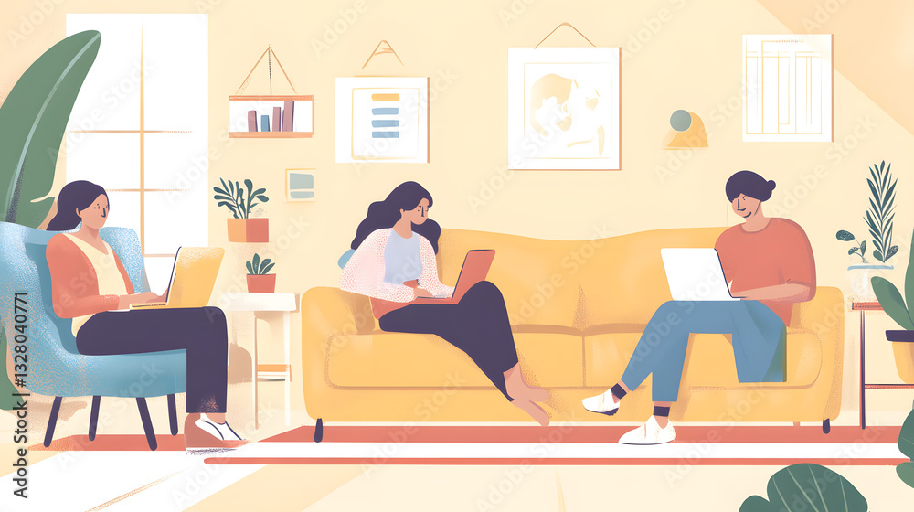 Professional Illustration of People Working in a Home Living Room Environment Professional Illustration of People Working in a Home Living Room Environment