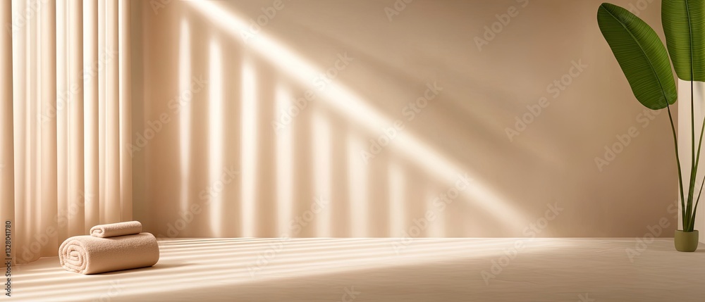 Fototapeta premium Serene Minimalist Interior: Sunlight Illuminates Beige Room with Towels and Plant