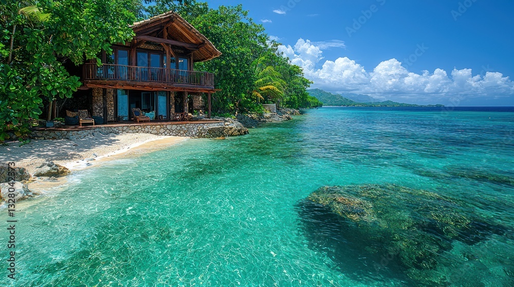 Obraz premium Tropical beach house with turquoise ocean.