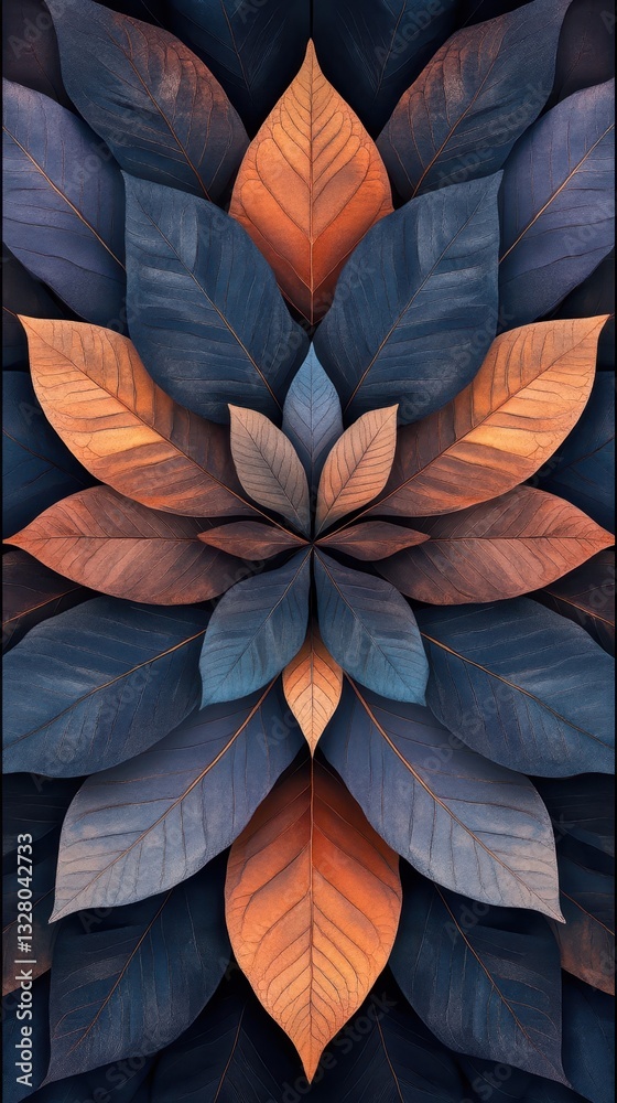 A symmetrical art piece comprised of overlapping colorful leaves A symmetrical art piece comprised of overlapping colorful leaves