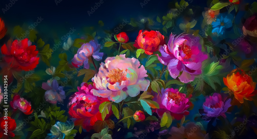 Obraz premium A vibrant floral painting bursts with peonies in shades of pink, purple, red, and orange against a dark, painterly background. Lush green foliage complements the colorful blossoms in this artistic dis