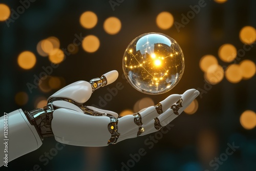 Futuristic Robot Hand Holding a Glowing Sphere with Light Effects