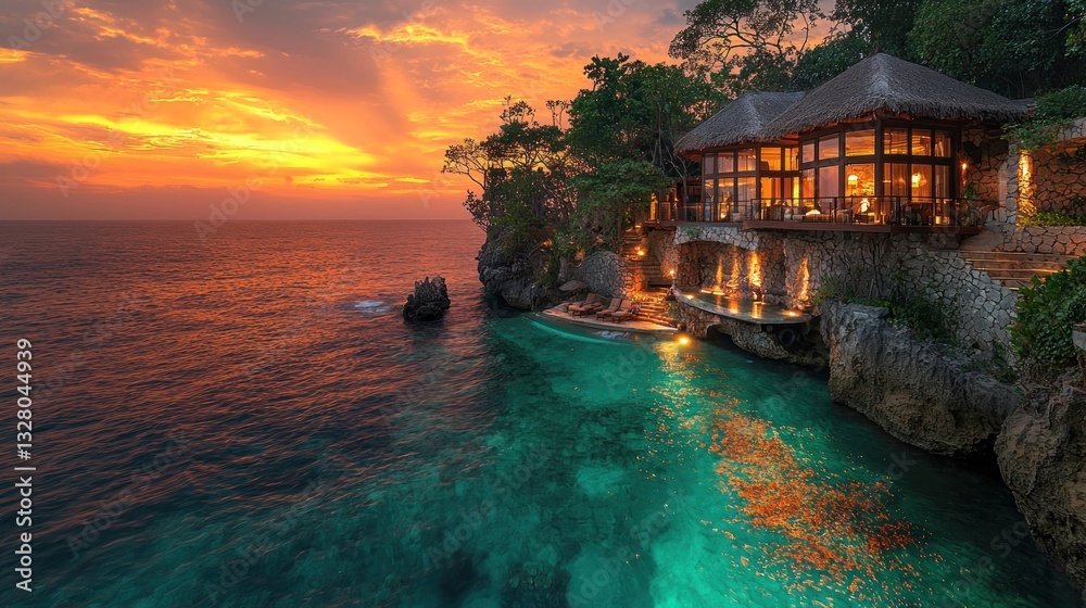 Obraz premium Cliffside villa with ocean view at sunset.