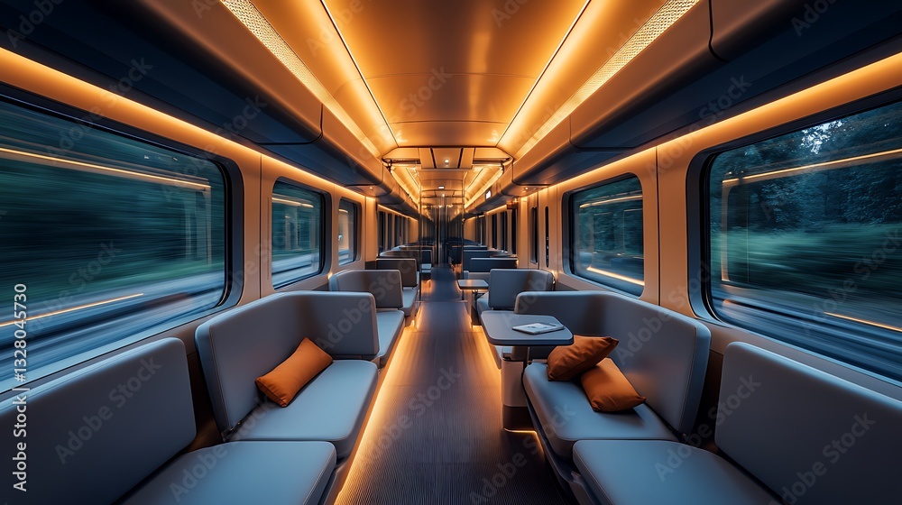 Traveling by Train Interior View with Empty Seats and Motion Blur Traveling by Train Interior View with Empty Seats and Motion Blur