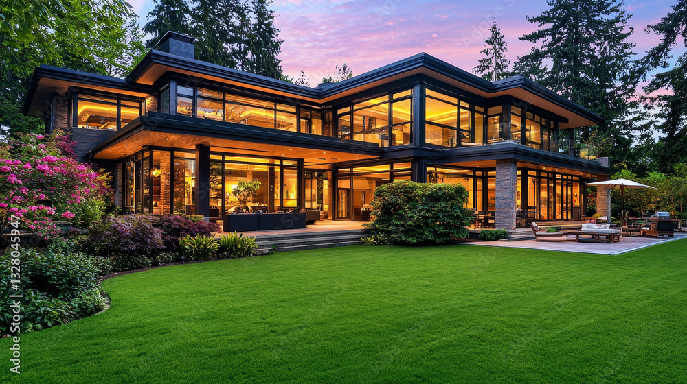 Modern illuminated home, expansive lawn, lush landscaping, twilight ambiance