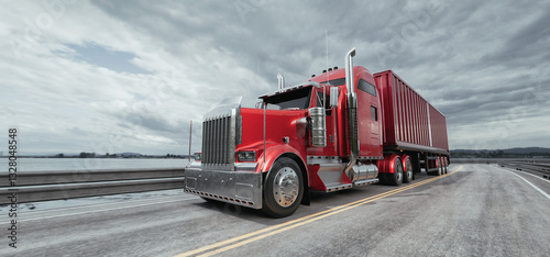 Red Semi-Truck on Coastal Highway 3D Illustration