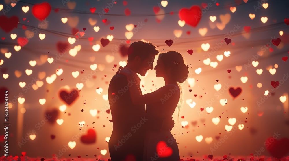 Romantic silhouettes of a couple embraced against a glowing heart bokeh backdrop Romantic silhouettes of a couple embraced against a glowing heart bokeh backdrop