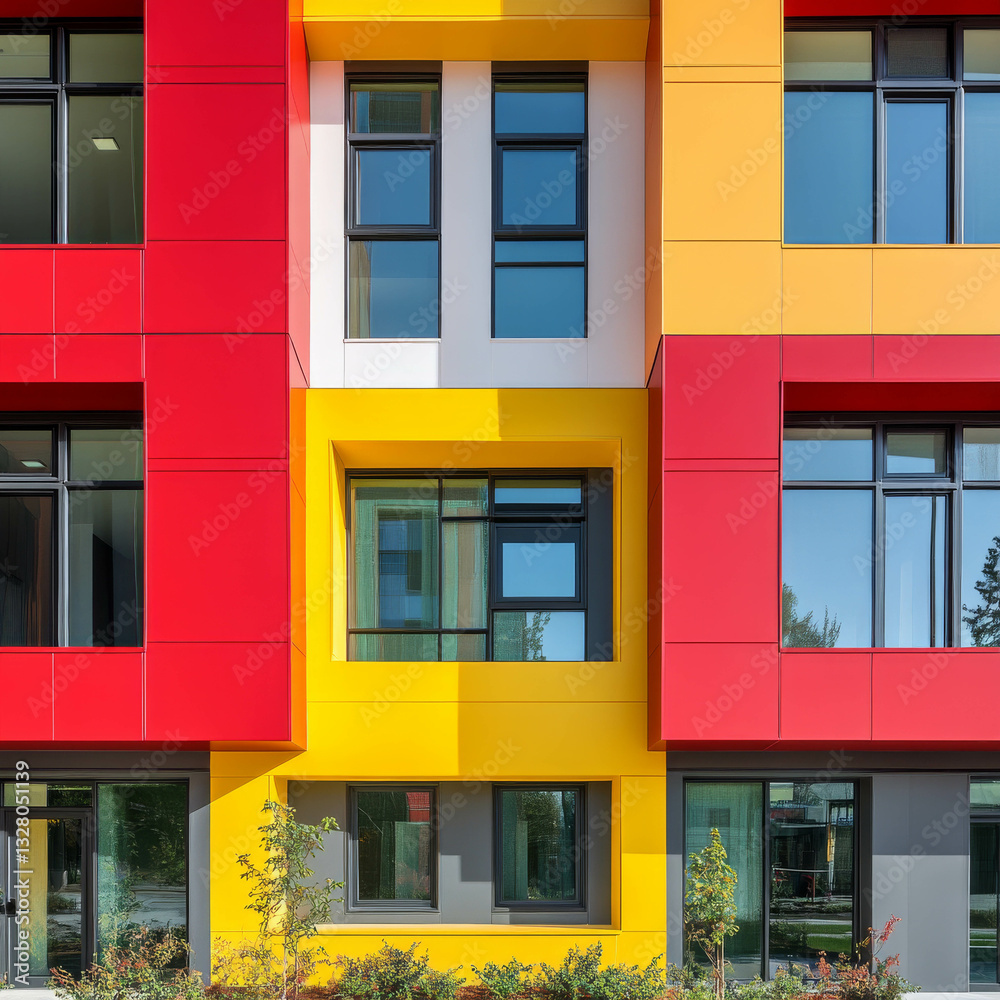Modern Apartment Building Facade with Vibrant Red and Yellow Colors Modern Apartment Building Facade with Vibrant Red and Yellow Colors