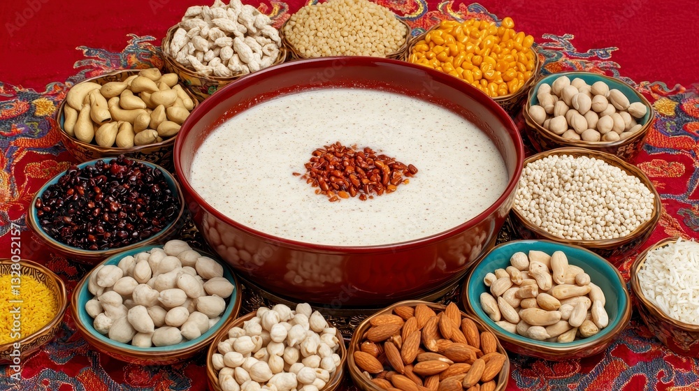 Creamy Porridge with Assorted Grains and Legumes on Red Tablecloth Creamy Porridge with Assorted Grains and Legumes on Red Tablecloth