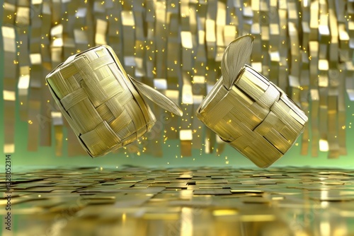 Two Floating Golden Baskets with Sparkles and Shiny Background