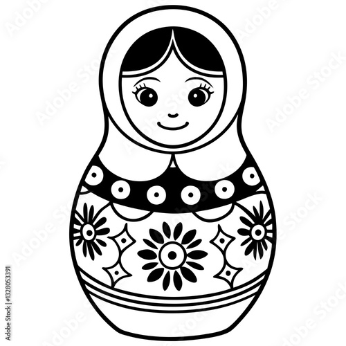 line art drawing of a Traditional Russian Matryoshka Doll with Floral Decorative Patterns 