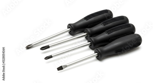 Arrangement of Screwdrivers with Black Handles on Clean White Background