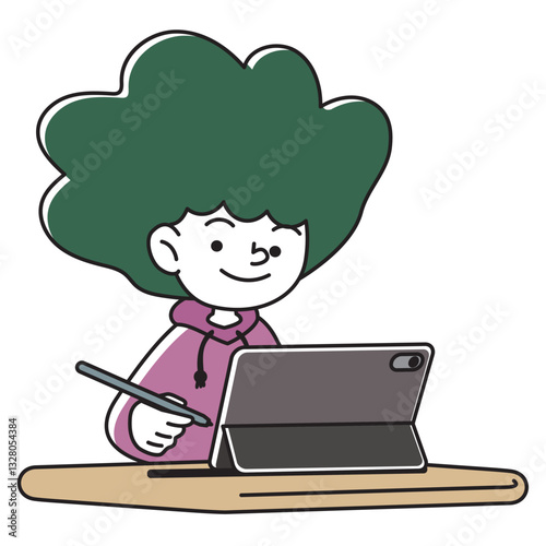 タブレット端末とタッチペンで学習をする笑顔の子供のベクターイラスト