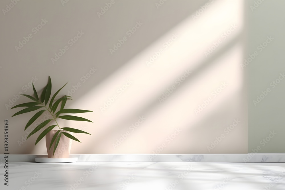A minimalist composition featuring soft, gentle rays of sunlight streaming through the window onto an empty white table with plants in a ceramic pot placed on it. The light creates intricate shadows a A minimalist composition featuring soft, gentle rays of sunlight streaming through the window onto an empty white table with plants in a ceramic pot placed on it. The light creates intricate shadows a