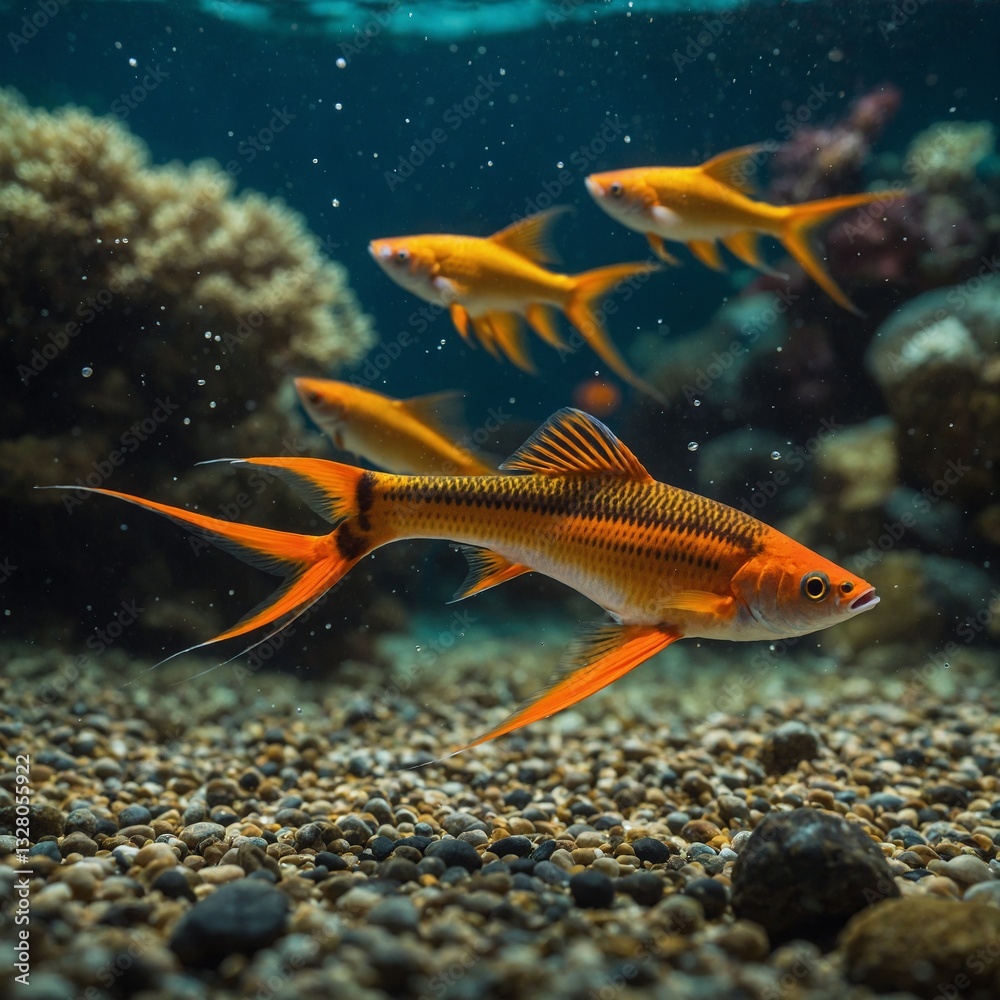 Fototapeta premium Fish swimming in aquarium Close-Up of a Trout Swimming in an AquariumVibrant goldfish swim gracefully in a lush aquarium environment, showcasing their bright colors and unique patterns, Ideal for use