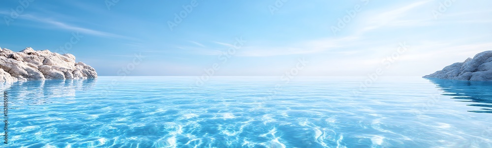 Fototapeta premium Serene blue ocean with clear water and rocky shoreline under a bright sky.