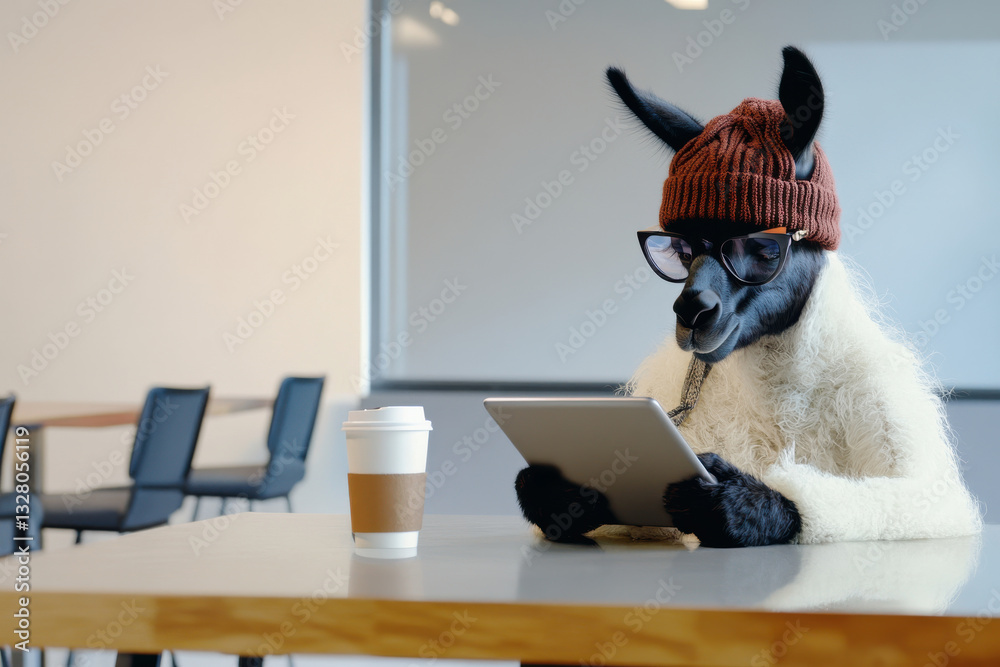 Fototapeta premium Hipster llama edits photos while sipping espresso at work