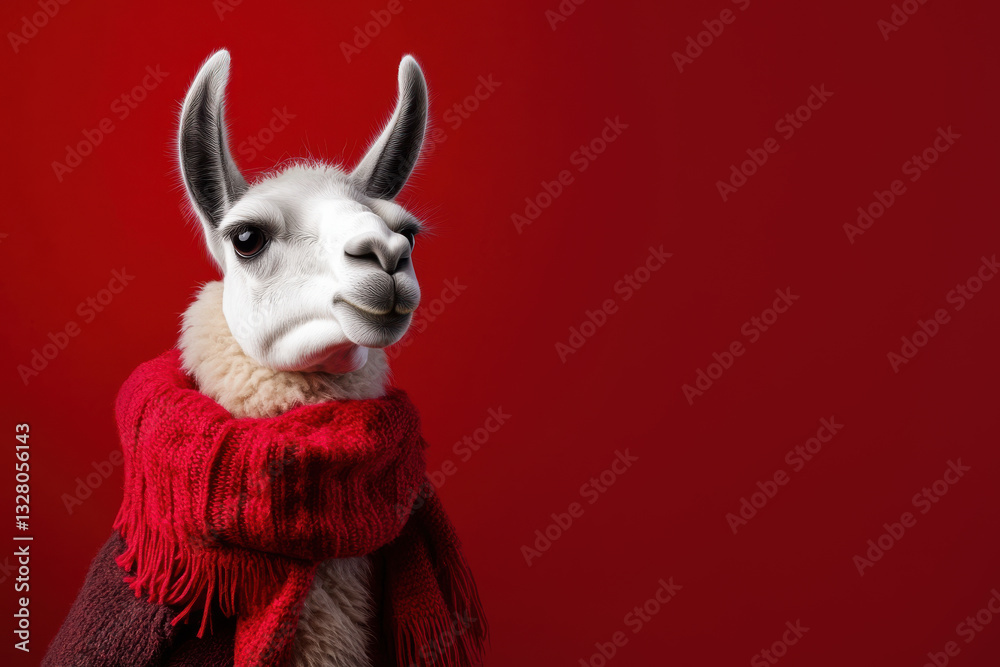 Fototapeta premium Llama in cozy scarf against vibrant red background
