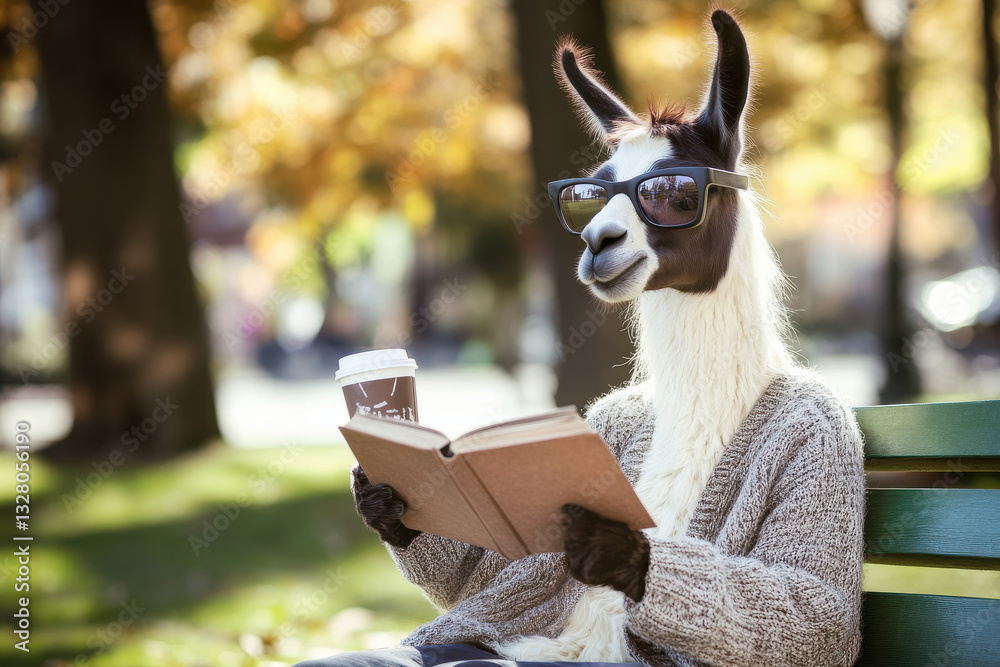 Fototapeta premium Hipster llama enjoys reading on a bench in the park