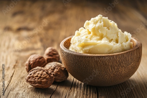 Luxurious shea butter scoop beside whole shea nuts on rustic wood photo
