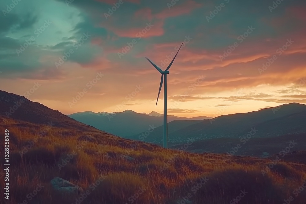 Obraz premium Majestic Wind Turbine Against a Colorful Sky at Sunset