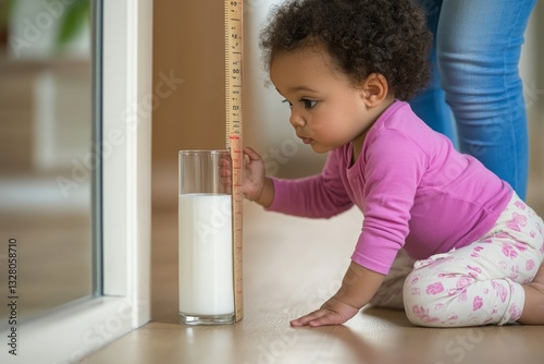 Curious toddler measuring milk height with a ruler at home
